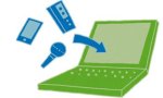 Audio Notetaker logo of a mobile phone, audio recorder, and microphone with an arrow pointing at a laptop.