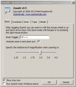 Screenshot of ZoomIt dialogue window, reading "After toggling Zoomit you can zoom in with the mouse wheel or up and down arrow keys.  Exit zoom mode with Escape or by pressing the right mouse button."