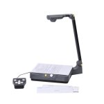 A stand magnifier with a camera at the top, and beneath, a platform base for placing materials on.
