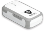 Handheld rectangular white device the size of large bar of soap.