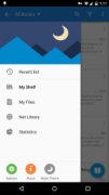 Moon+ Reader Pro navigation bar with a darkened night sky and a yellowish crescent moon over simple blue mountain peaks at the top, a listing of where to go files in the main body, and 3 tool buttons on the bottom.