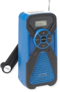 Rectangular device with front circular power button, channel and volume control options. Hand crank on back and antenna on top.