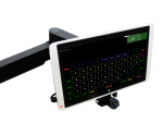 Black tablet with a camera at its base on a horizontal, adjustable mounting arm. 