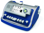 Blue and white typewriter-like machine with braille keyboard and typing display screen.