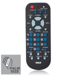 A palm-sized remote with color-coded buttons with large text. The remote has a row of three buttons to control three devices.