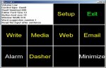 GazeTalk menu with large buttons for setup, exit, write, media, web, email, alarm, dasher, and minimize. 
