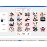 AAC board on a computer screen with simply drawn icons. For example, a finger is drawn pointing to ABC, or to 123, a side view of a head with lines radiating from an open mouth, an analog clock face, a pair of lips, etc.