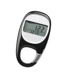 A rectangular device with steps display screen and carabiner clip on the bottom. 
