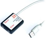 A small black and white device with a USB cable and two inputs for switches.