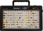 A black rectangular device with 128 message icons with text above such as "arm" and "walk," and a handle on the top.