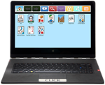 Opened dark grey laptop with AllTalk's icon phrase selection menu on screen. 