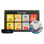 Black rectangular device with 2 rows of four message buttons and software DVD.