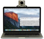 Laptop with external webcamera and onscreen keyboard.