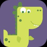 Square cartoon drawing of a light green dragon inside a rounded purple square with black corners.