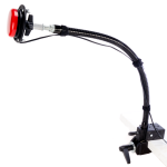 Side view of red switch button attached to a flexible arm and clamped down to a flat surface. 