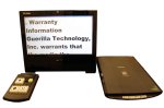A remote control next to a screen display and a document reader.
