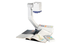 Overhead with adjustable arm and purple casing around scanner lens.