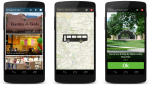 3 examples of WayFinder screens showing photos of locations, a bus with a map in the background and "Trip to Jamba Juice" at the top, and a photo of a park captioned "You are now driving by Martin Luther King Jr. Park."  