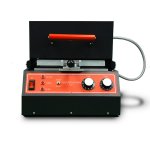 Large desktop printer with top open and front view of settings knobs and other control buttons.