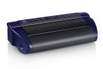 Braille printer with gray body and purple sides and control buttons across the top.