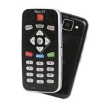 Black handheld device the size and shape of a mobile phone with control and number buttons on the front and a camera on the back. 