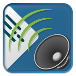 Square with blue background and image of speaker in bottom right corner and green soundwaves and white triangular image on left side.