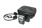 A receiver, transmitter, headphone, microphone and carry case.