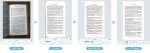 Four pictures of text in a book demonstrating Prizmo's crop, cleanup, edge repair, and flattening features.