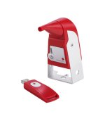 Red and white device featuring a built-in stand with a mouthpiece. A matching red USB drive is shown alongside.