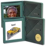 Two Personal Talkers that resemble open wallets with an image on the left inside face and a speak, play button, and mic and record light indicators.