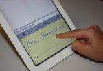 Handwritten text on tablet with the typed version of the text above it.