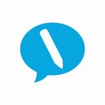 Logo in the form of a drawing of a round, teal conversation bubble with a white pencil in the middle.