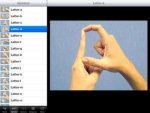 A photo of the handshape used to form the sign letter D on an iPad in landscape. To the left is a narrow menu of pics and letters, with the Letter D highlighted.