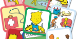 Various multi-colored rectangular cards with cartoon drawings.