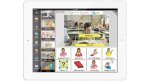 Screen shot with grid of communications symbols across bottom and picture of child at a desk in top right.