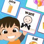 cartoon of boy with aac symbol cards.
