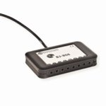 Rectangular USB device with 8 3.5mm jack switch inputs along bottom edge.