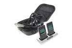 a pair of devices that are mounted on a holder. It comes with a pair of microphones in a black pouch.