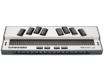 A gray Braille device with 8 black Braille input keys: 4 on the left and 4 on the right, and Braille cells below.