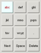  A 4 by 3 array of keys containing the English alphabets and other keys indicating full stop, next, spacebar and delete.