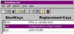 Screenshot of short key replacement key menu, showing a row of control buttons across the top and a list of macros on the bottom. The list is divided under two headings: ShortKeys and Replacement Keys.