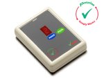 A rectangular device with a small number display with pair and mode buttons.