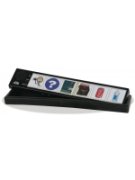 6 icons on a long, black, rectangular device next to a speaker.