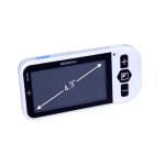 Small handheld magnifier device with a black screen and menu buttons on the righthand side. The device is white.