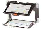 Collapsible video magnifier with tray for text material and extended tray for camera to display the zoomed text on screen.