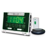 Slim rectangular device with green screen displaying time and other controls along bottom of screen.