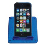 Unlocked iPhone resting upright on blue docking station.