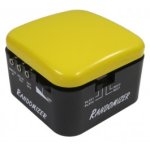 Black cube with jack inputs and volume control on left side and play and record settings on right side. Top of cube is yellow.