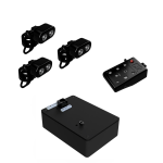 Small rectangular black power source with remote and controls along top adjacent to three Echo Heads with LED lights.