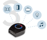 Housemate unit with colored red and blue ring on top. Bubbles extending from unit to signify the ability to control windows, doors, TV, lights, and music from the device.